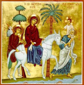 Joseph Carrying Jesus, Mary on the horse, and James the Brother of the Lord.